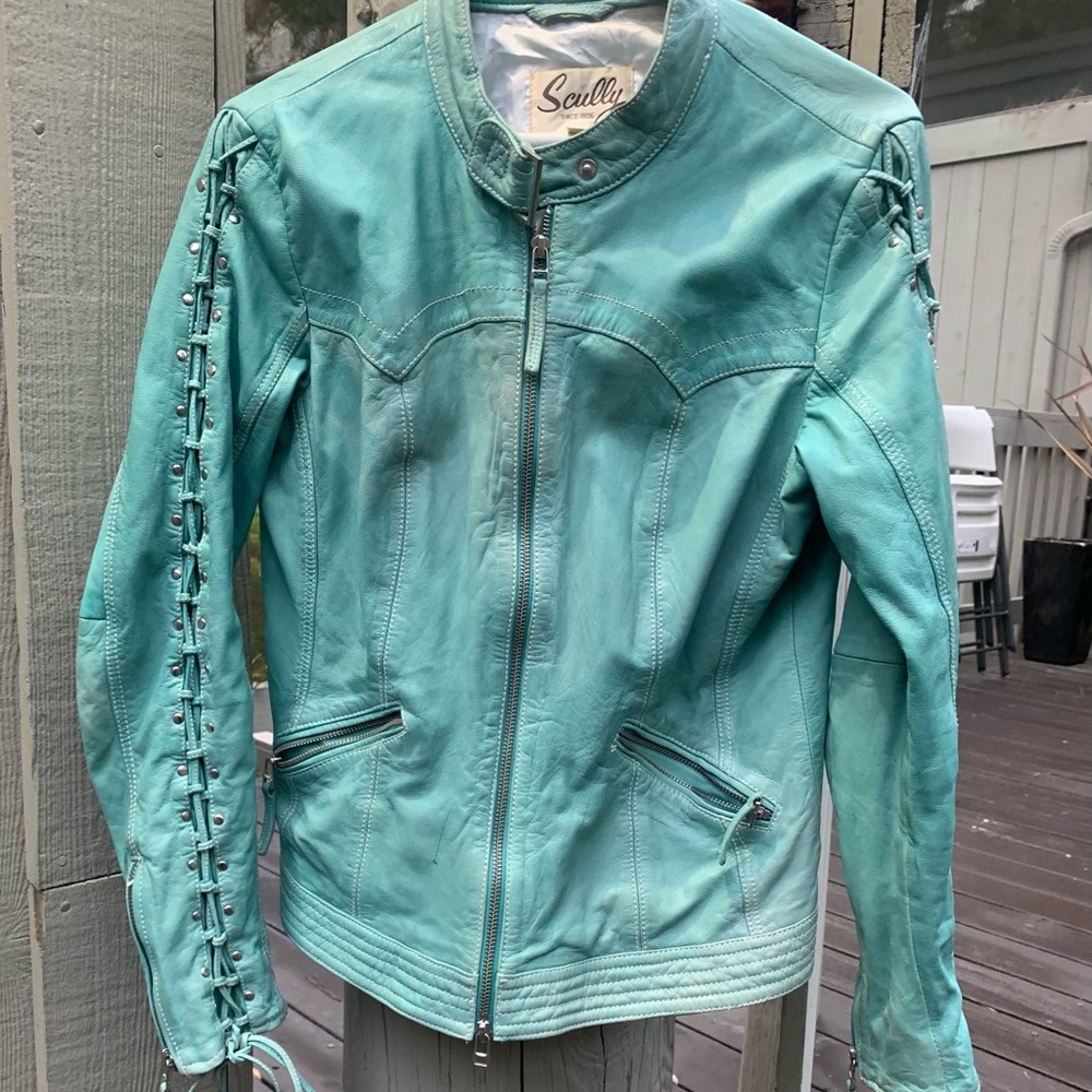 Gently Worn Buttery Soft Scully Pale Greenish /Blue Leather Jacket- Was $498